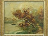 un tableau représentant un bateau sur une rivière, avec un arbre au premier plan