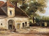 a painting of a man walking in front of a house