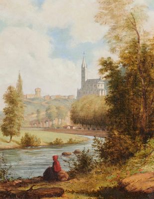 un tableau représentant un homme assis au bord d'une rivière, avec un château en arrière-plan