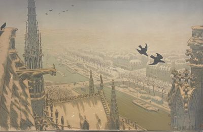 un tableau représentant des oiseaux survolant une ville avec des immeubles