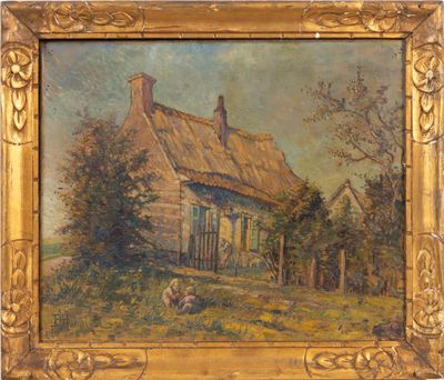 un tableau représentant une maison au toit de chaume, dans un cadre doré
