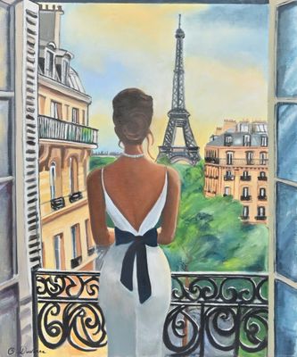 tableau représentant une femme en robe blanche regardant la Tour Eiffel par la fenêtre