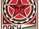 a red and black poster with a star on it