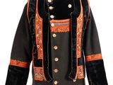 a black jacket with orange trim and buttons on a mannequin mannequin