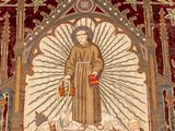 an image of a tapestry with a picture of a saint surrounded by sheep