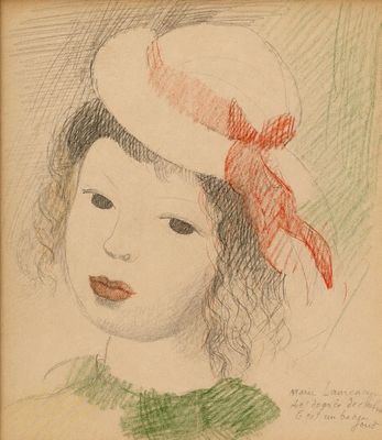 portrait of a young girl with a red bow in a white hat