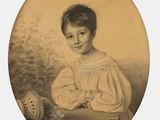 une vieille photo représentant une jeune fille avec un panier de fleurs