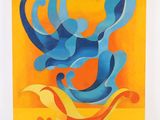 an abstract painting of blue and orange waves on a yellow background