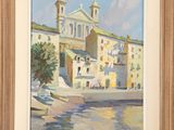 an image of a painting of a church by a body of water