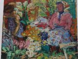 un tableau représentant deux femmes assises sur un banc