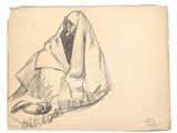 dessin au crayon représentant une femme enveloppée dans une couverture, assise par terre