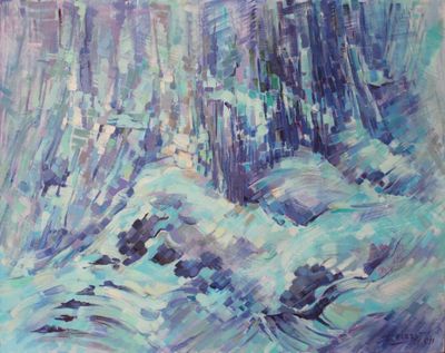 an oil painting of a wave crashing on the shore of a body of water