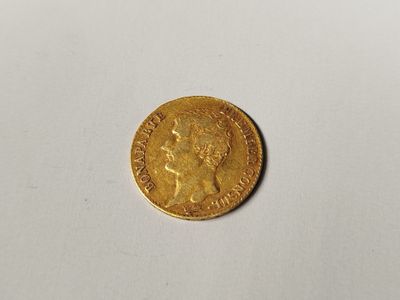 a close up of a gold coin on a white surface