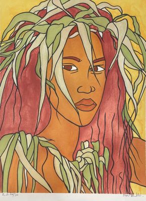 tableau représentant une femme aux cheveux roses, avec des feuilles vertes sur la tête