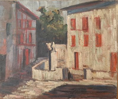 une peinture à l'huile représentant une scène de rue avec des bâtiments et un arbre