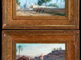 two paintings of a man and a woman on horseback in the desert