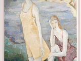 a painting of two women sitting on a bench by the water