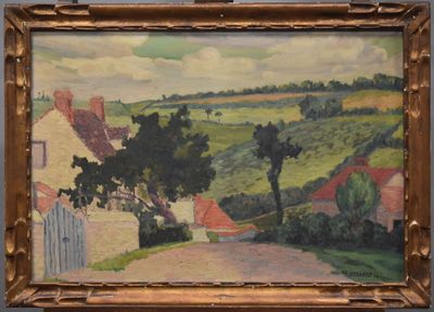 an image of a painting of a country road with houses in the background