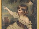 une peinture à l'huile représentant une jeune fille montrant un arbre du doigt