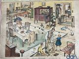 a picture of a painting of a family in a kitchen