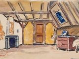 a painting of a room with a bed and a dresser