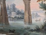 a painting of a painting of a bridge over a body of water