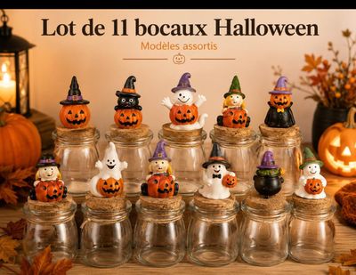 de nombreuses décorations d'Halloween dans des bocaux en verre posés sur une table