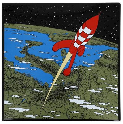 an image of a red rocket flying over the earth