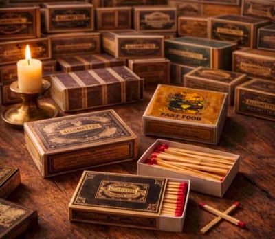 de nombreuses allumettes, rangées dans de petites boîtes posées sur la table