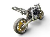 a motorcycle that is sitting on top of a white surface