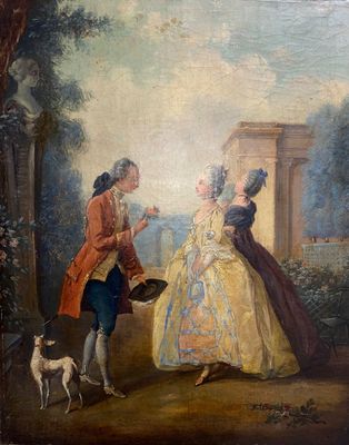 une image représentant un tableau où figurent un homme, une femme et un chien
