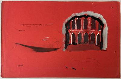 une peinture représentant un bâtiment rouge avec un bateau en arrière-plan