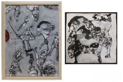 two paintings of a man and a woman in black and white on a white background