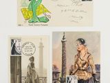 four postcards of women in period clothing and hats on a white surface