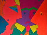 painting of a group of people with different colored faces on a red background