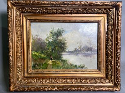 an oil painting of a river scene with trees and water
