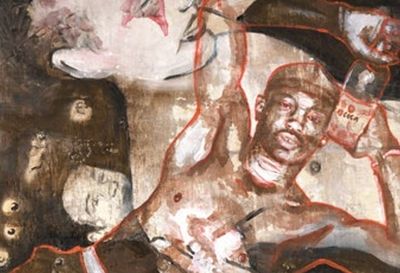 un tableau représentant un homme allongé par terre, un couteau à la main