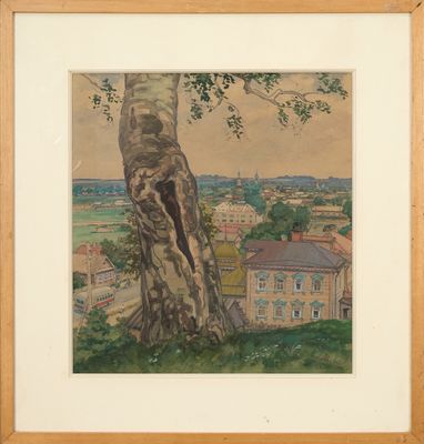 tableau représentant un arbre avec une vue de ville en arrière-plan