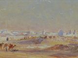 une image représentant un tableau représentant une scène de désert avec des personnes et des chevaux