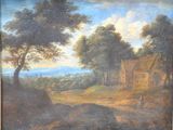an old painting of a farm scene with a house in the distance