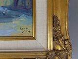 a painting of a vase of flowers in a gold frame