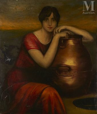 un tableau représentant une femme en robe rouge assise à côté d'un grand pot