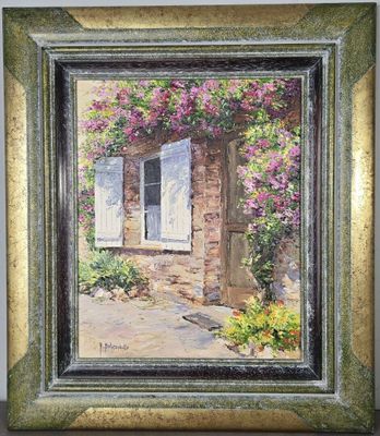 une peinture représentant une maison avec des fleurs à l'extérieur