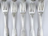 six forks and six spoons are lined up on a white surface