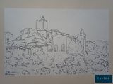 drawing of a village with a church in the middle of it