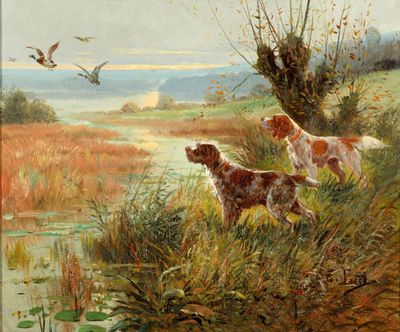 tableau représentant deux chiens dans un champ près d'un étang où se trouvent des canards