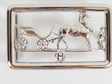 silver metal belt buckle with a horse and buggy design