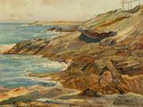 une image représentant une peinture d'une côte rocheuse avec un phare au loin