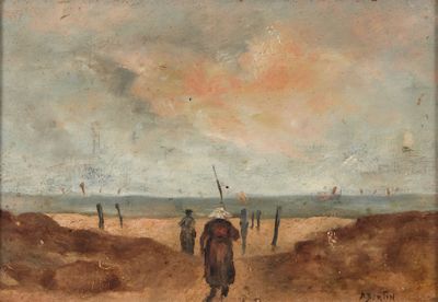 tableau représentant un groupe de personnes marchant sur une plage, avec le ciel en arrière-plan