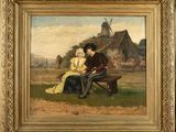 tableau représentant un homme et une femme assis sur un banc devant un moulin à vent